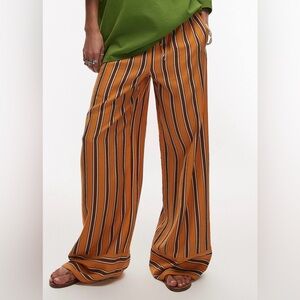 Topshop satin straight leg pants in orange and chocolate stripe